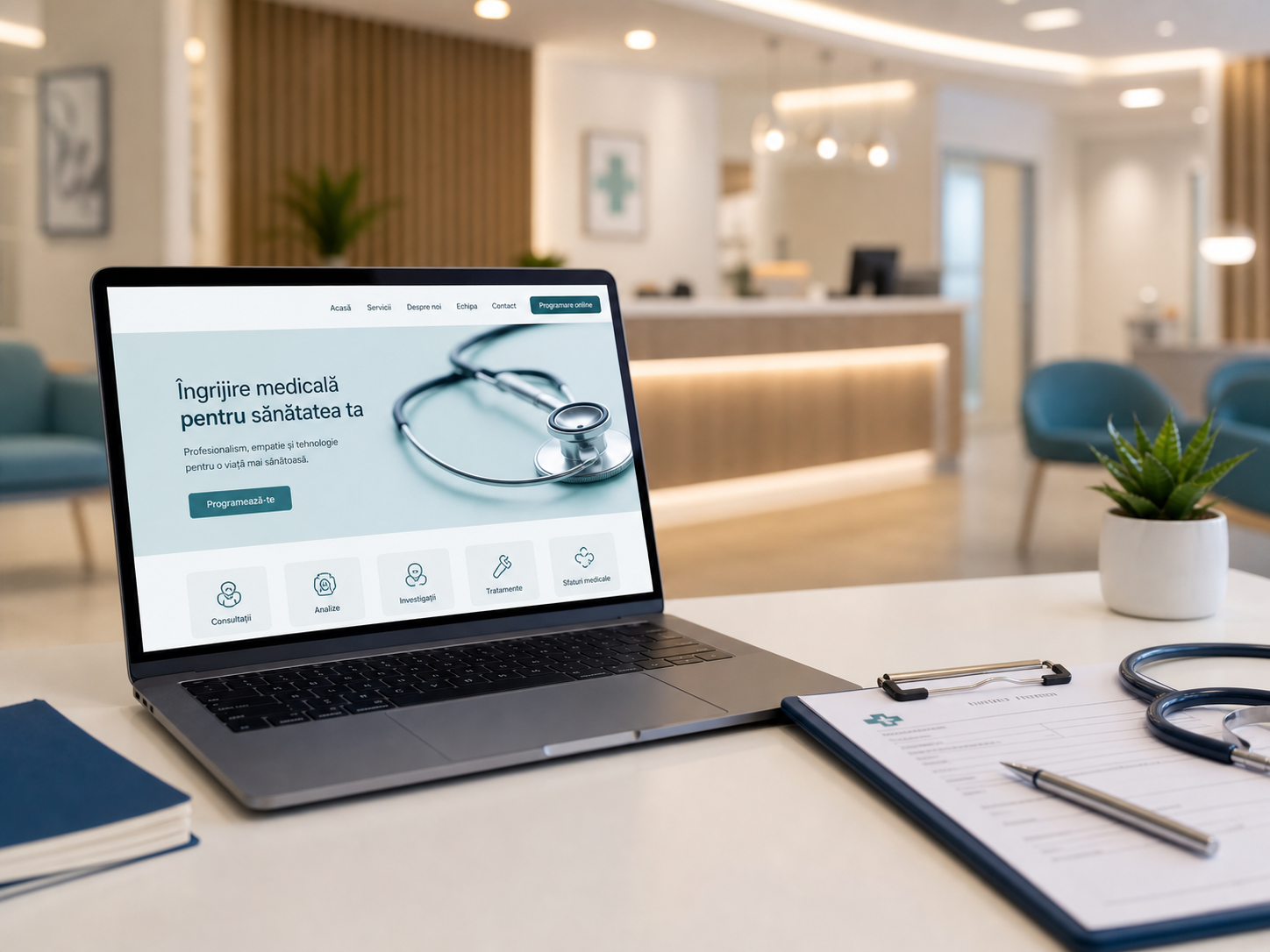 Spațiu de lucru pentru proiecte de web design medical cu laptop și documente