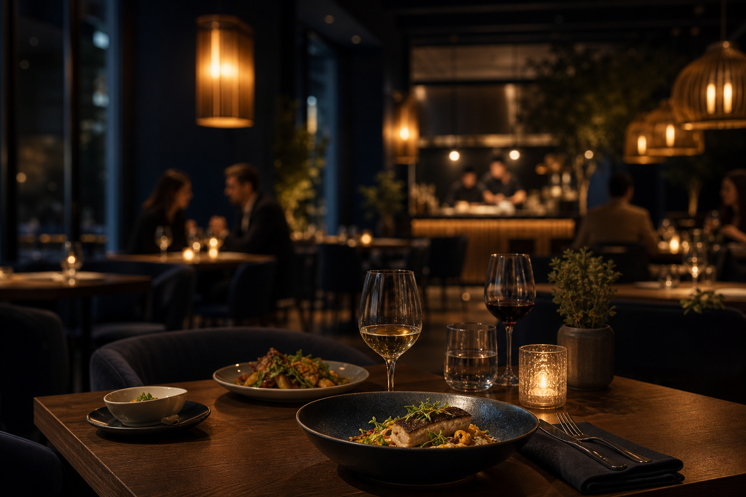 Restaurant modern din Cluj cu mese elegante, preparate fotografiate și atmosferă caldă